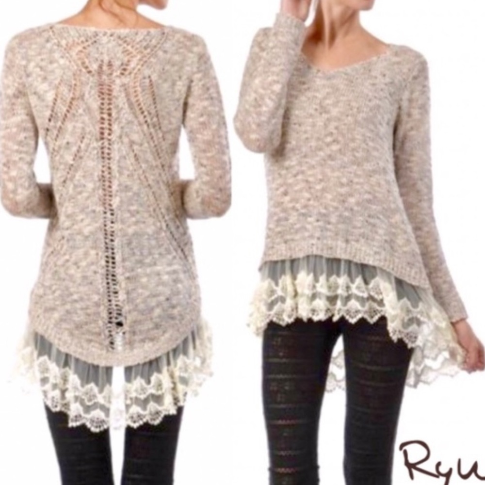 NWT Ryu ModCloth Peplum Crochet Sweater Tunic S/M